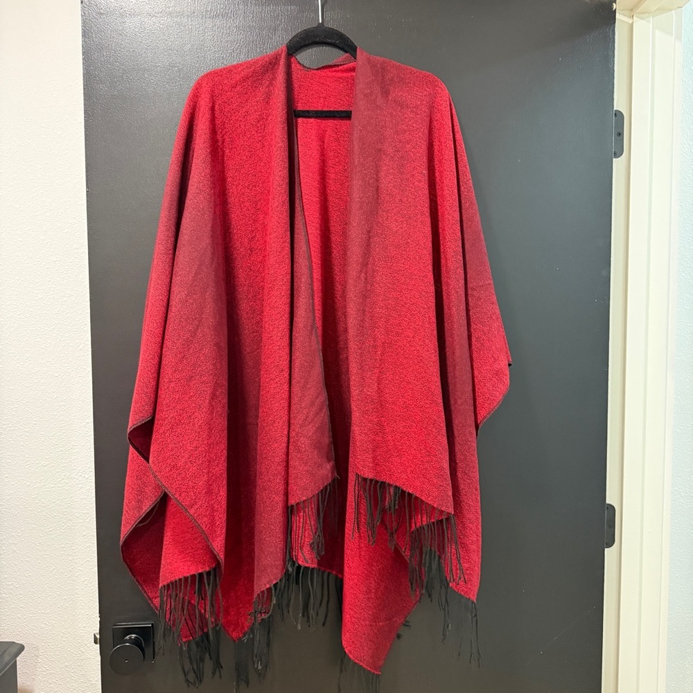 Chic Red Knit Poncho with Fringe